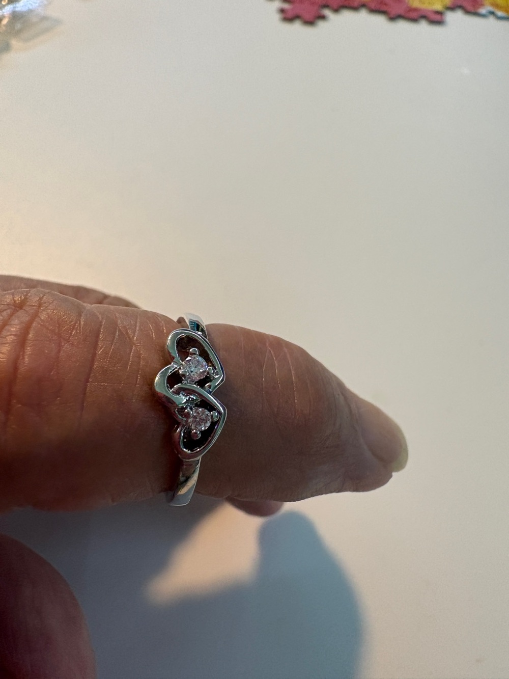 Silver Heart Twin Stone Ring - White Cubic Zirconia Size 6